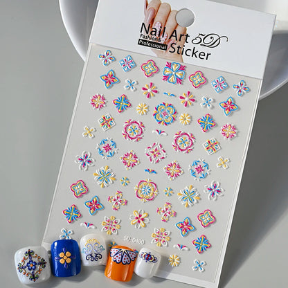 1pcs 5D Relief Bohemian Nail Art Stickers, Chic Blooms Elegant Embroidery Totem Boho Design Nail Supplies Decoration Accessories