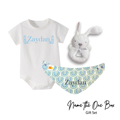 Newborn Personalised Name the One Onesie Set (Rabbit Rattle)