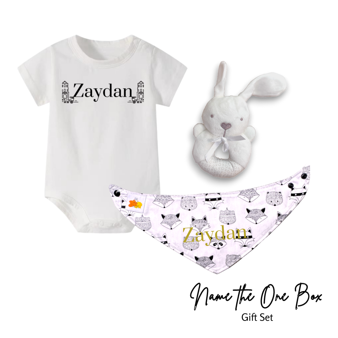 Newborn Personalised Name the One Onesie Set (Rabbit Rattle)