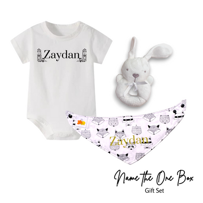 Newborn Personalised Name the One Onesie Set (Rabbit Rattle)