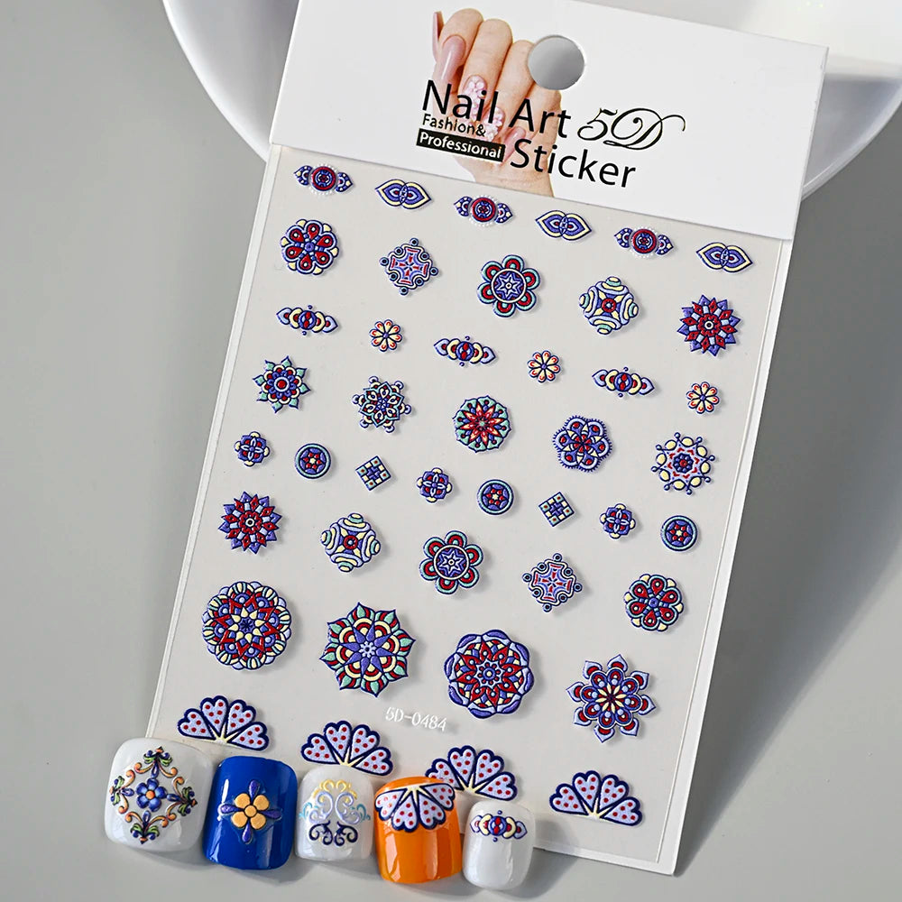 1pcs 5D Relief Bohemian Nail Art Stickers, Chic Blooms Elegant Embroidery Totem Boho Design Nail Supplies Decoration Accessories