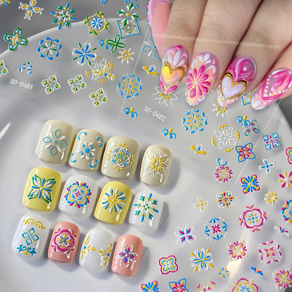 1pcs 5D Relief Bohemian Nail Art Stickers, Chic Blooms Elegant Embroidery Totem Boho Design Nail Supplies Decoration Accessories