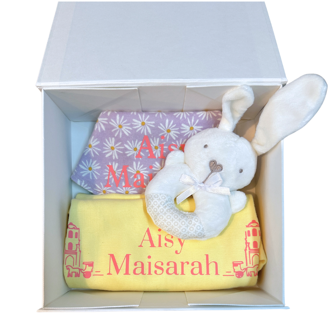 Newborn Personalised Name the One Onesie Set (Rabbit Rattle)