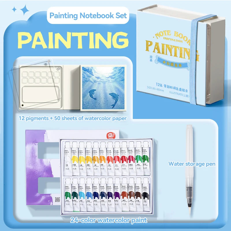 12/24 Colors Travel Watercolor Palette Set Watercolor Notebook with 12 Grids Mini Paint Box Artist Watercolor Paper Sketchbook