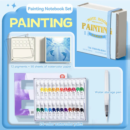 12/24 Colors Travel Watercolor Palette Set Watercolor Notebook with 12 Grids Mini Paint Box Artist Watercolor Paper Sketchbook