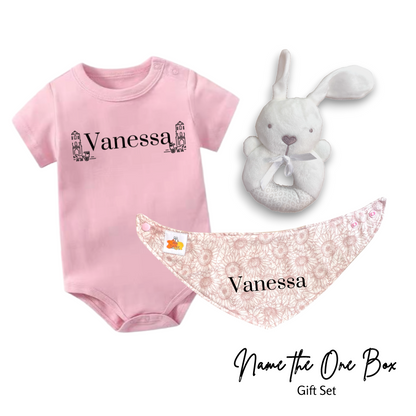 Newborn Personalised Name the One Onesie Set (Rabbit Rattle)