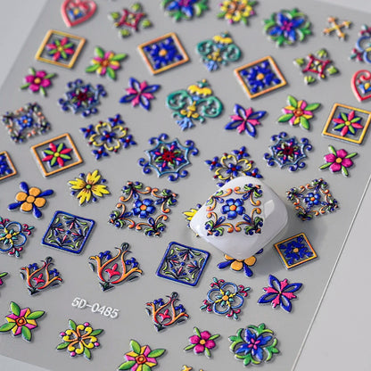 1pcs 5D Relief Bohemian Nail Art Stickers, Chic Blooms Elegant Embroidery Totem Boho Design Nail Supplies Decoration Accessories