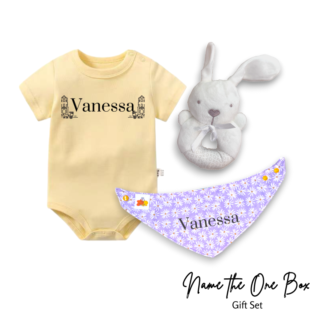 Newborn Personalised Name the One Onesie Set (Rabbit Rattle)