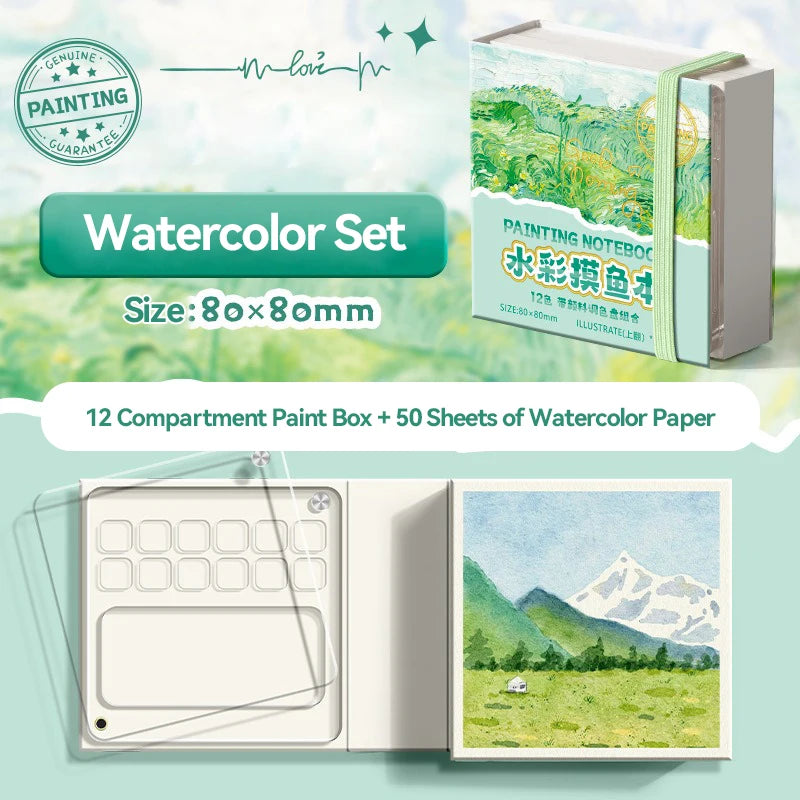 12/24 Colors Travel Watercolor Palette Set Watercolor Notebook with 12 Grids Mini Paint Box Artist Watercolor Paper Sketchbook