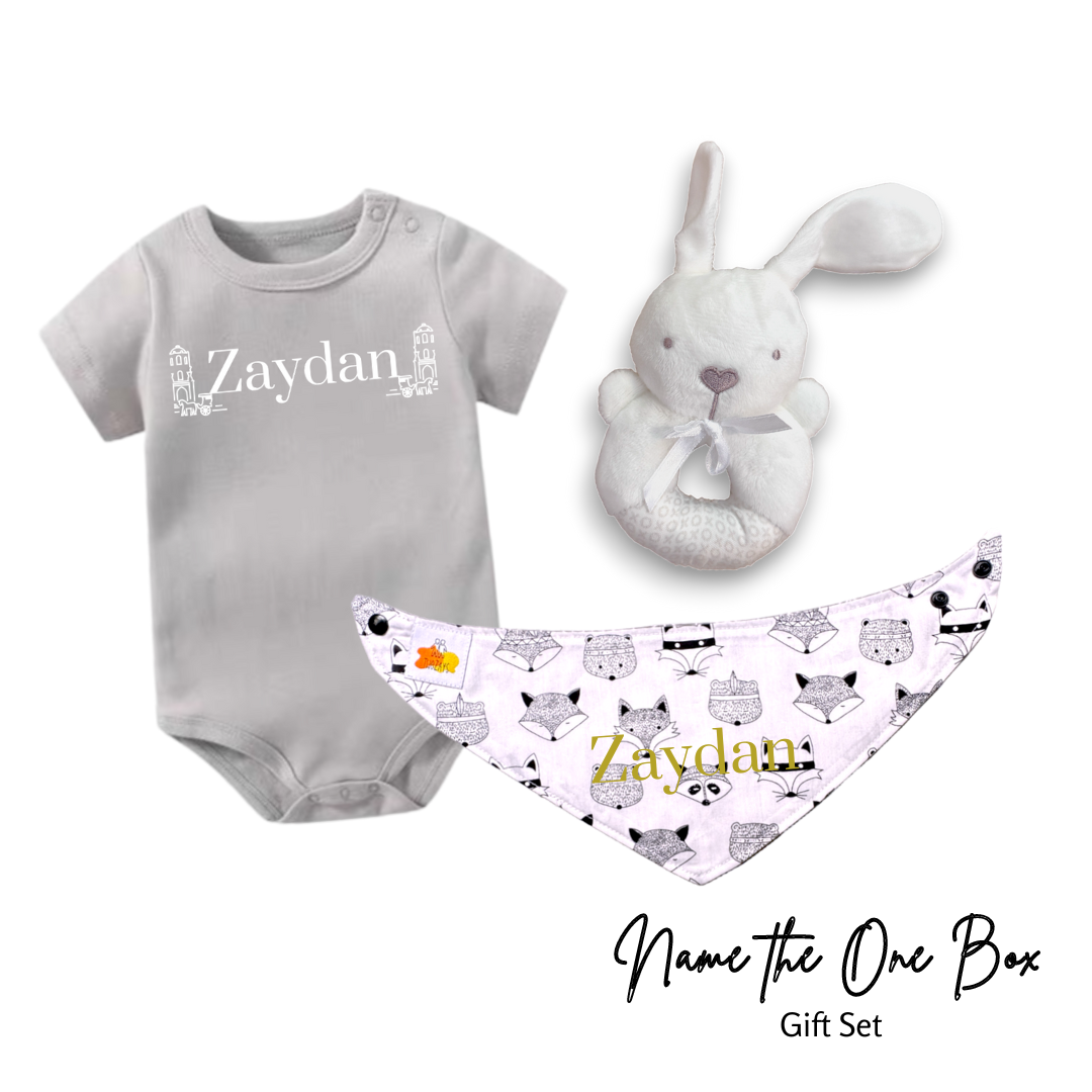 Newborn Personalised Name the One Onesie Set (Rabbit Rattle)