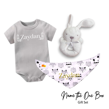 Newborn Personalised Name the One Onesie Set (Rabbit Rattle)