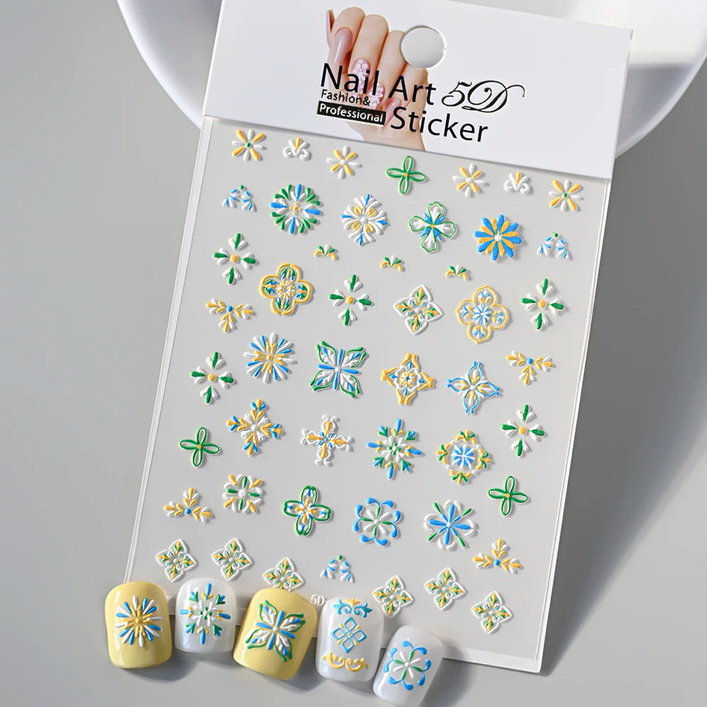 1pcs 5D Relief Bohemian Nail Art Stickers, Chic Blooms Elegant Embroidery Totem Boho Design Nail Supplies Decoration Accessories