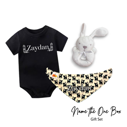 Newborn Personalised Name the One Onesie Set (Rabbit Rattle)