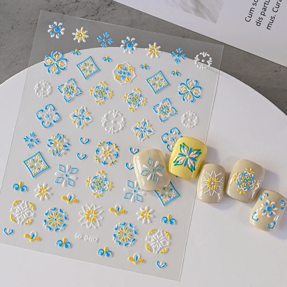 1pcs 5D Relief Bohemian Nail Art Stickers, Chic Blooms Elegant Embroidery Totem Boho Design Nail Supplies Decoration Accessories