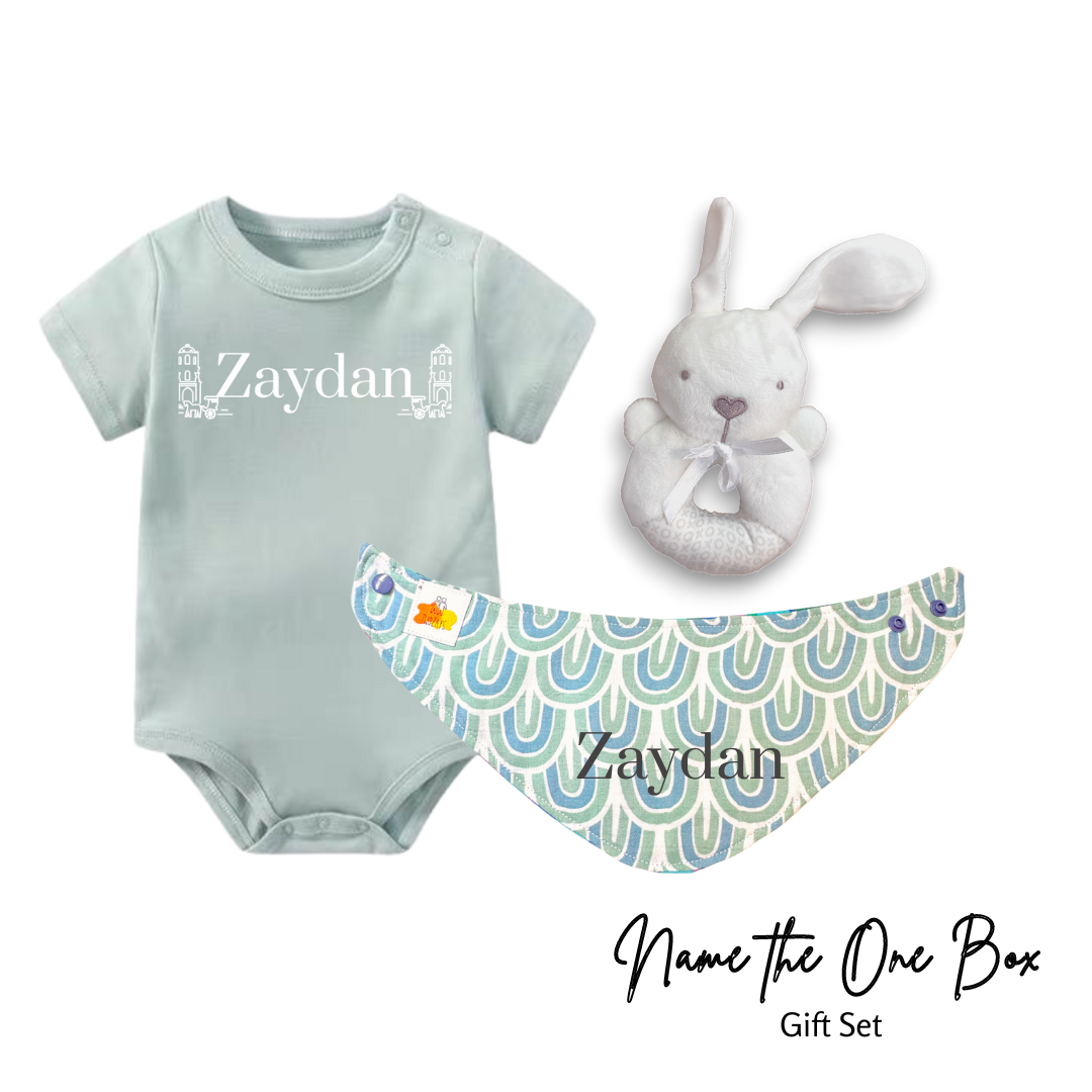 Newborn Personalised Name the One Onesie Set (Rabbit Rattle)