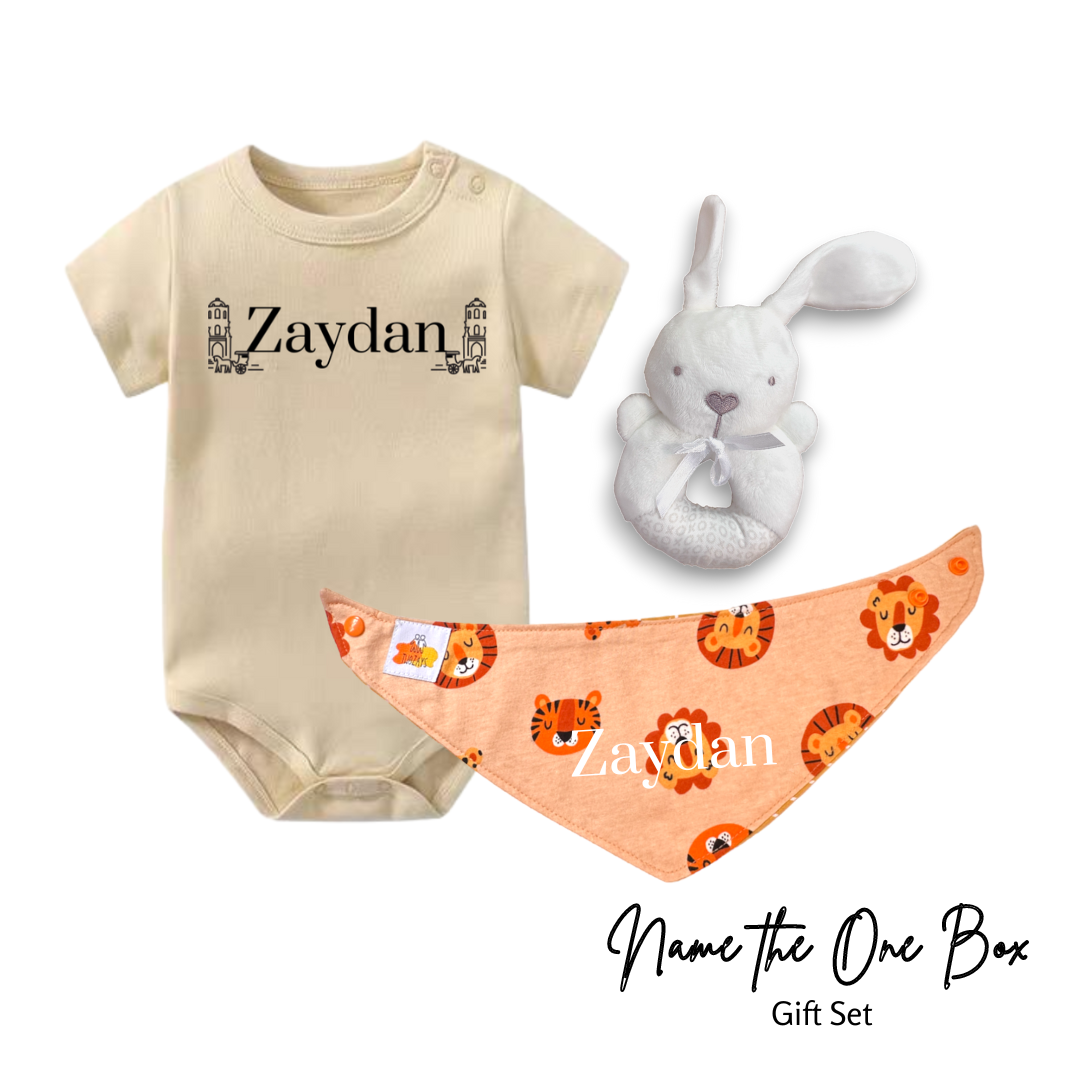 Newborn Personalised Name the One Onesie Set (Rabbit Rattle)