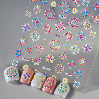 1pcs 5D Relief Bohemian Nail Art Stickers, Chic Blooms Elegant Embroidery Totem Boho Design Nail Supplies Decoration Accessories