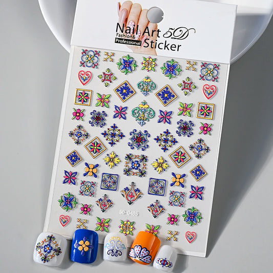 1pcs 5D Relief Bohemian Nail Art Stickers, Chic Blooms Elegant Embroidery Totem Boho Design Nail Supplies Decoration Accessories