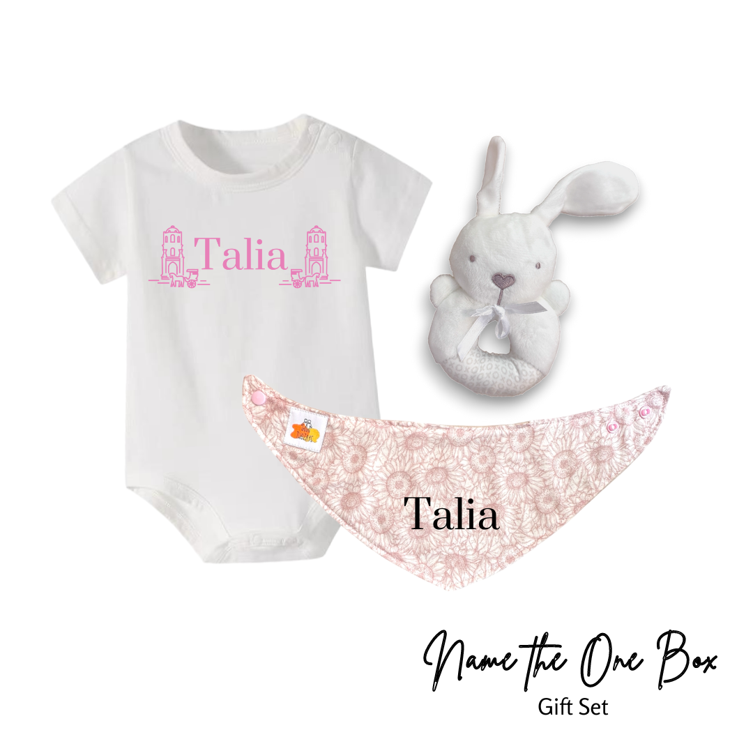 Newborn Personalised Name the One Onesie Set (Rabbit Rattle)