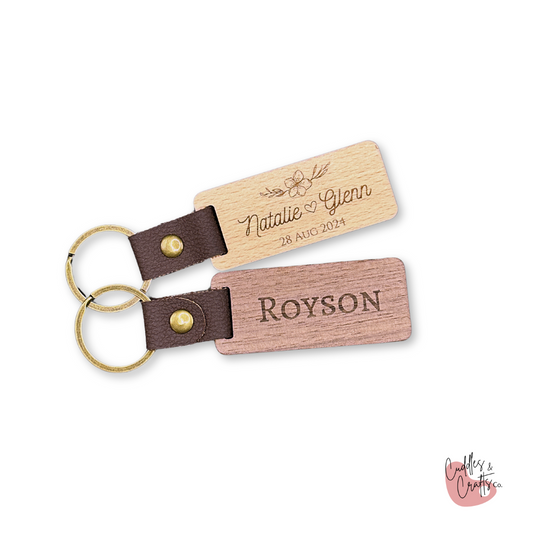 Engraved Wooden and Leather Strap Keychain / Keyring (Rectangle)