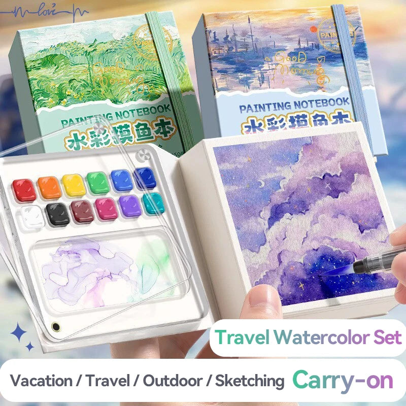 12/24 Colors Travel Watercolor Palette Set Watercolor Notebook with 12 Grids Mini Paint Box Artist Watercolor Paper Sketchbook