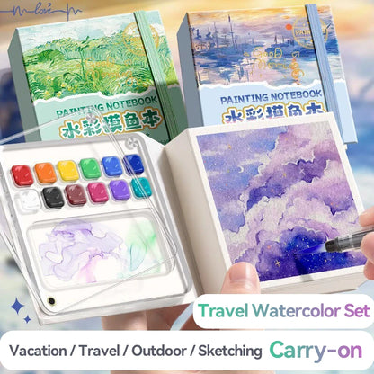 12/24 Colors Travel Watercolor Palette Set Watercolor Notebook with 12 Grids Mini Paint Box Artist Watercolor Paper Sketchbook