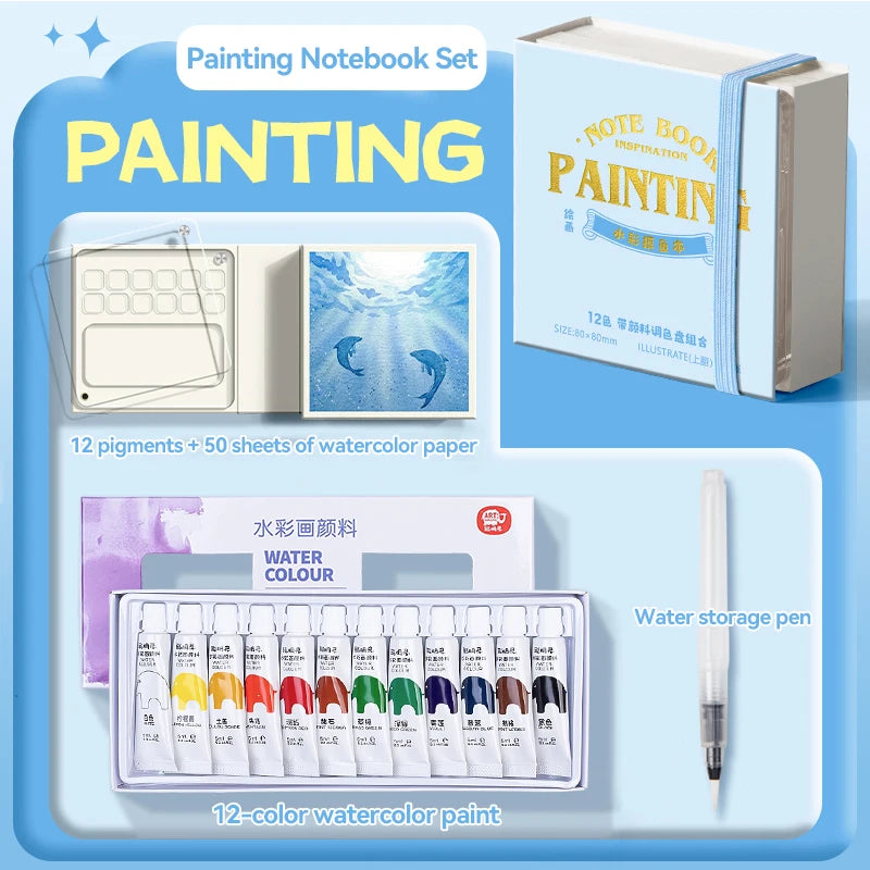 12/24 Colors Travel Watercolor Palette Set Watercolor Notebook with 12 Grids Mini Paint Box Artist Watercolor Paper Sketchbook