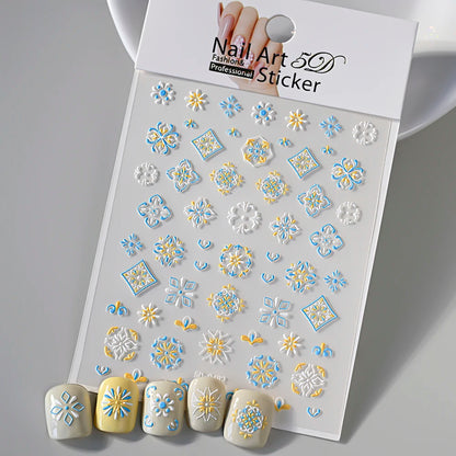 1pcs 5D Relief Bohemian Nail Art Stickers, Chic Blooms Elegant Embroidery Totem Boho Design Nail Supplies Decoration Accessories