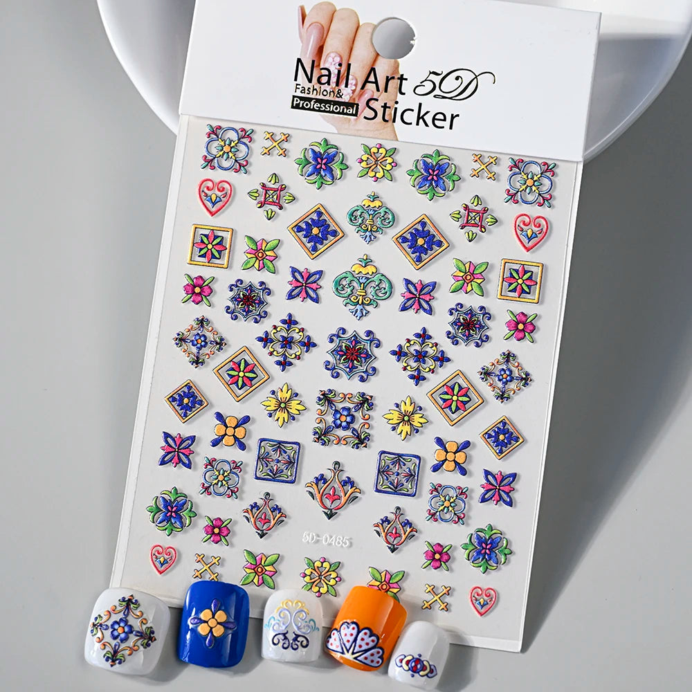1pcs 5D Relief Bohemian Nail Art Stickers, Chic Blooms Elegant Embroidery Totem Boho Design Nail Supplies Decoration Accessories
