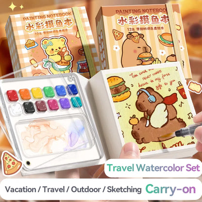 12/24 Colors Travel Watercolor Palette Set Watercolor Notebook with 12 Grids Mini Paint Box Artist Watercolor Paper Sketchbook