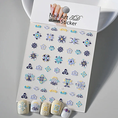 1pcs 5D Relief Bohemian Nail Art Stickers, Chic Blooms Elegant Embroidery Totem Boho Design Nail Supplies Decoration Accessories