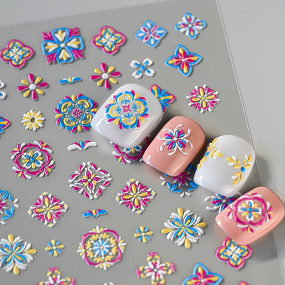 1pcs 5D Relief Bohemian Nail Art Stickers, Chic Blooms Elegant Embroidery Totem Boho Design Nail Supplies Decoration Accessories