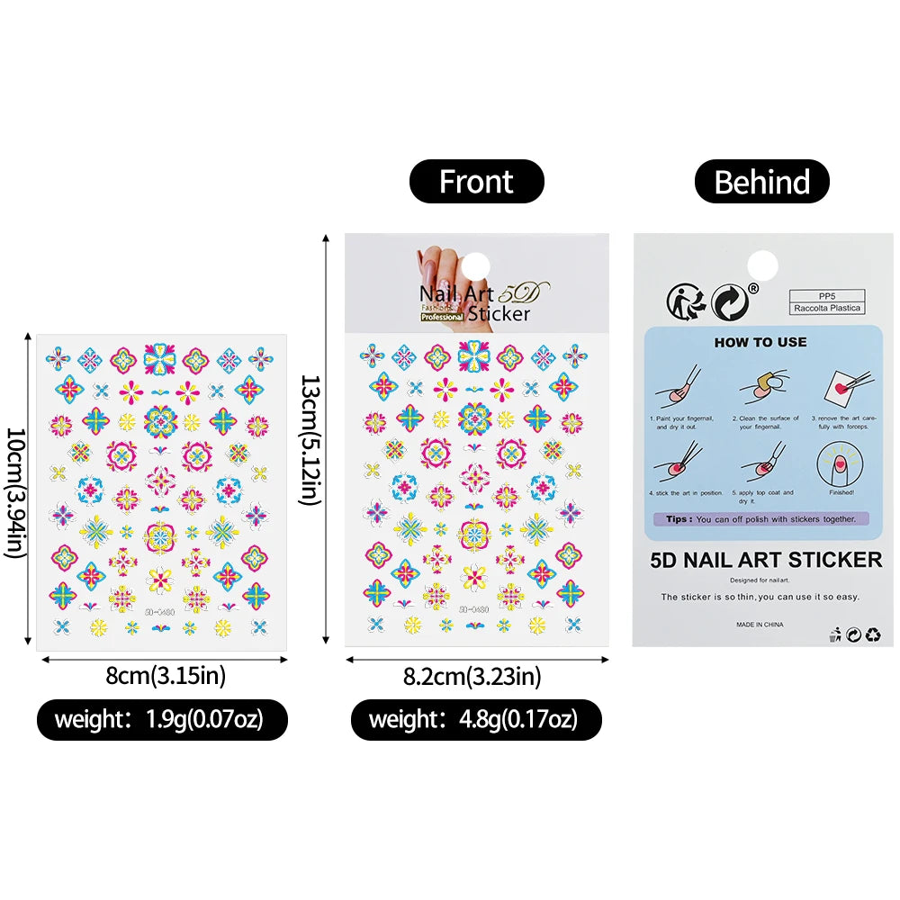 1pcs 5D Relief Bohemian Nail Art Stickers, Chic Blooms Elegant Embroidery Totem Boho Design Nail Supplies Decoration Accessories